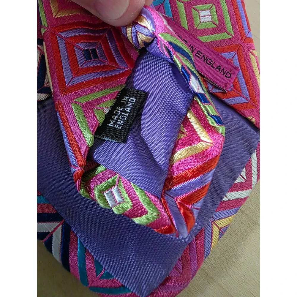 Handmade in England Silk Tie Pink Geometric Concentric Square Embroidered Mens
